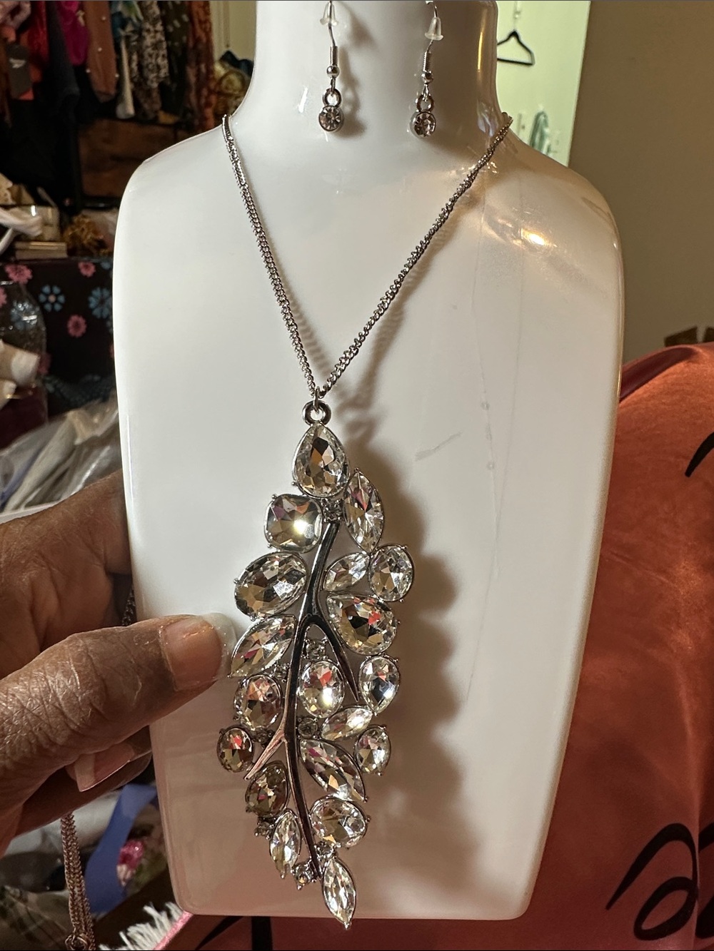 Crystal Leaf Pendant Necklace and Drop Earrings - Silver Tone